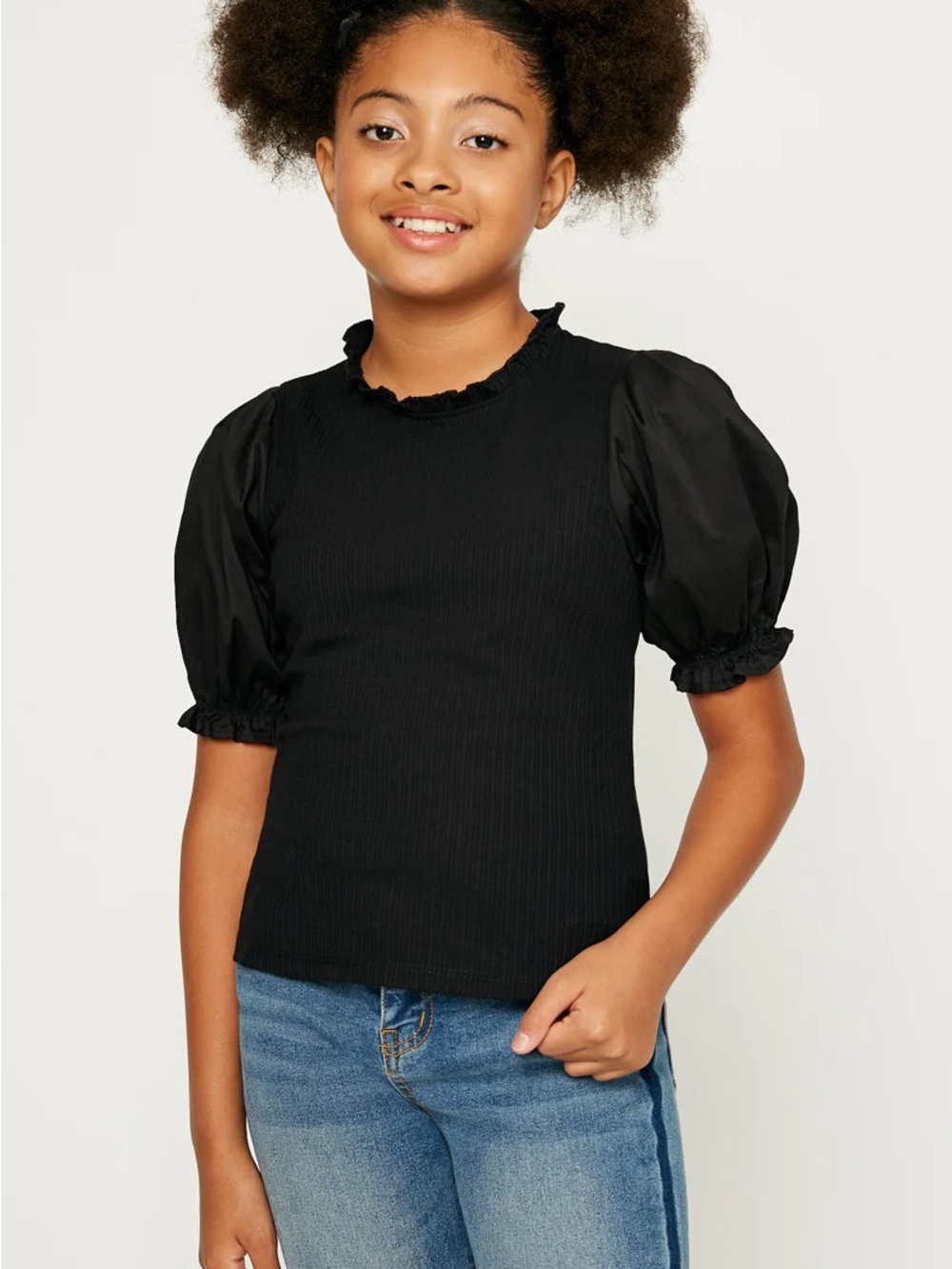 Hayden Girl Black Puff Sleeve Ribbed Top Size XL
